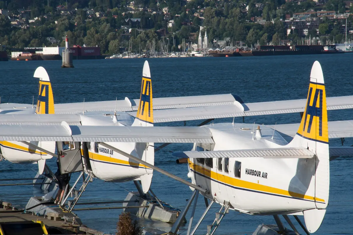 Wasserflugzeuge mit gelben Flügelspitzen liegen an einem Steg im Wasser