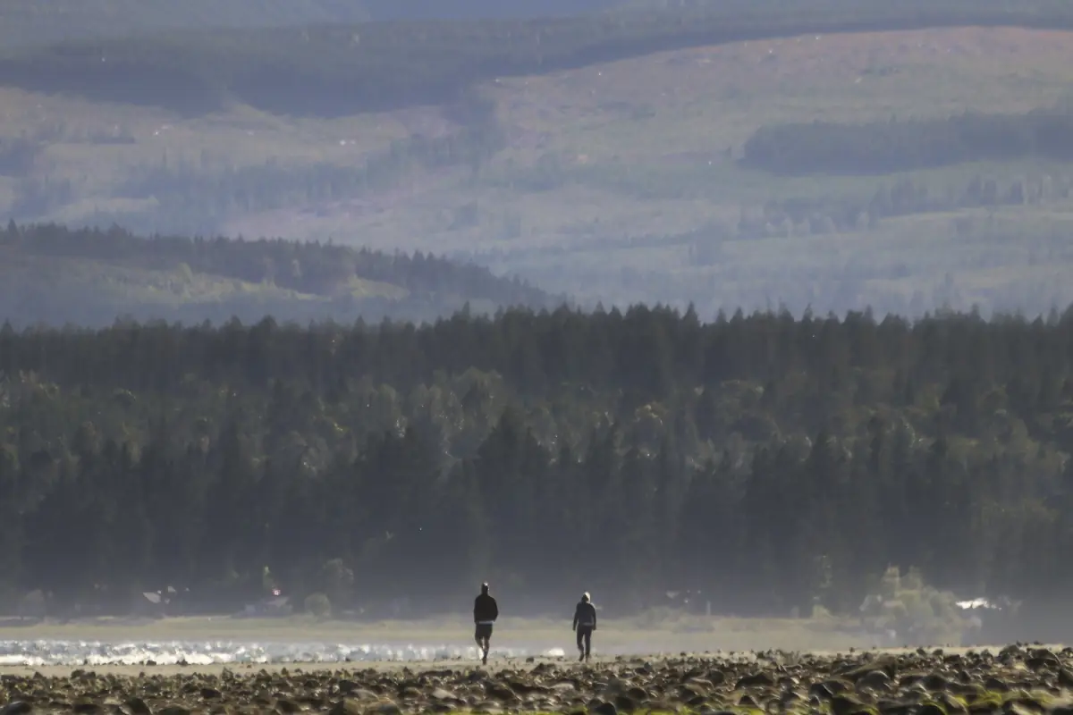 Zwei Spaziergänger an einem Kiesstrand bei Powell River vor nebligem Wald