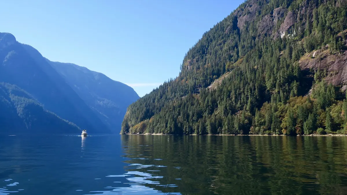 Ruhiges Fjordwasser im Princess Louisa Inlet mit steilen bewaldeten Bergwänden